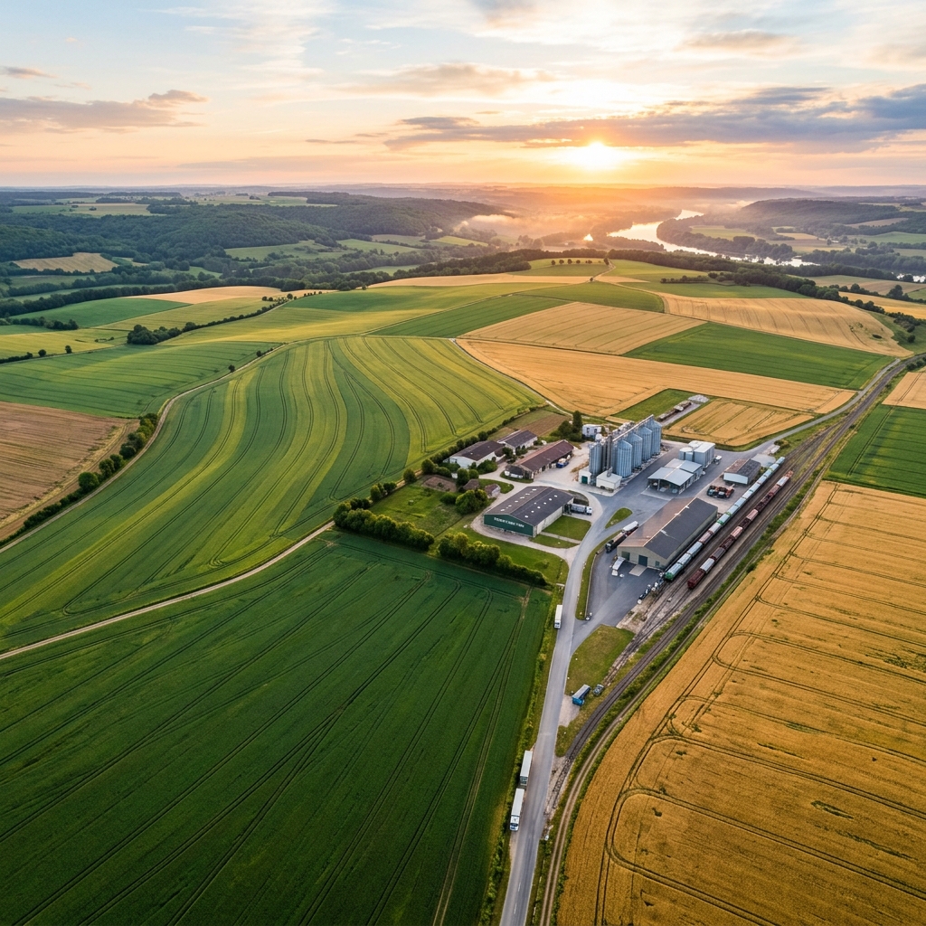 A G R O - Z O M agricultural fields showing drone view of harvesting and European landscape