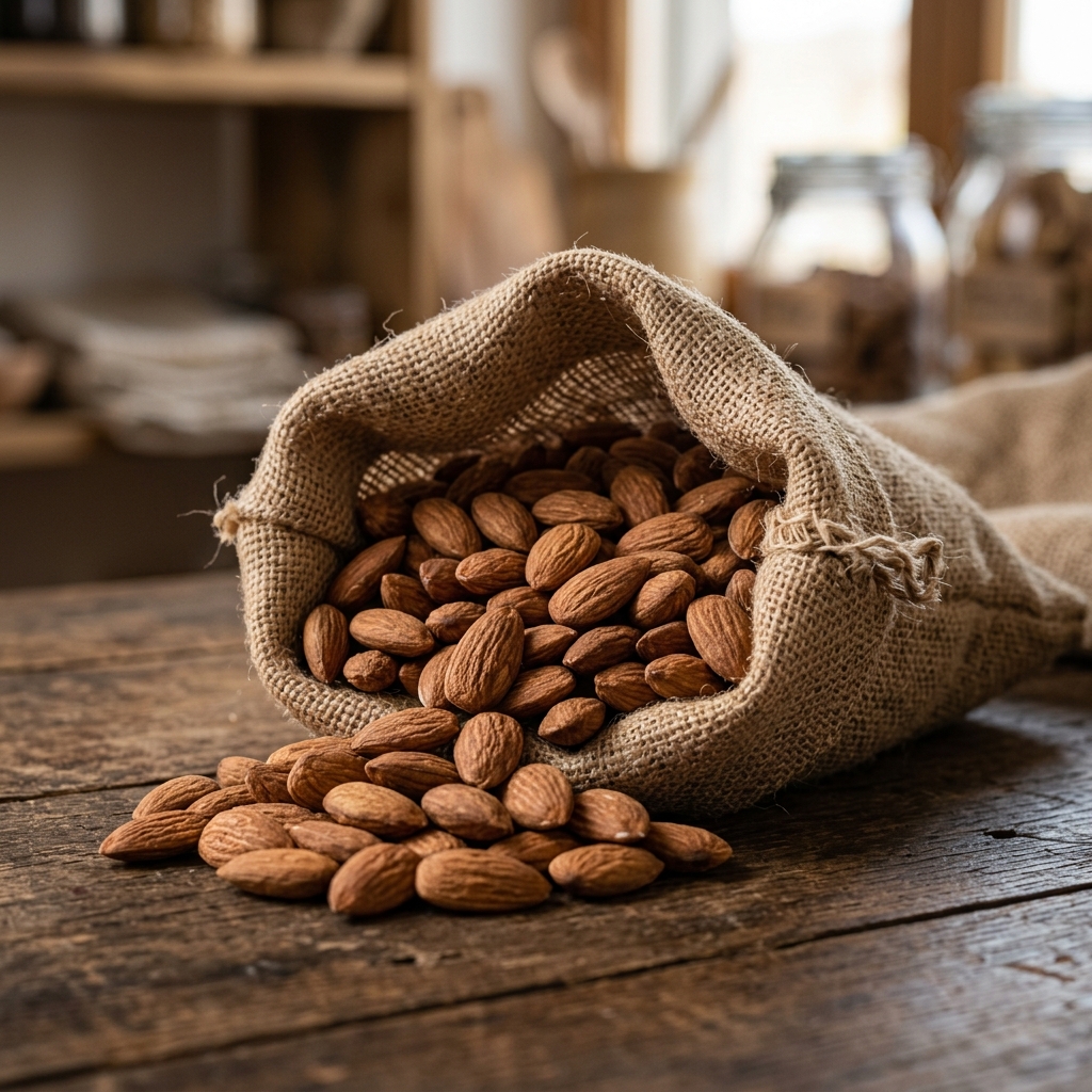Raw sweet almonds inside a rustic burlap sack