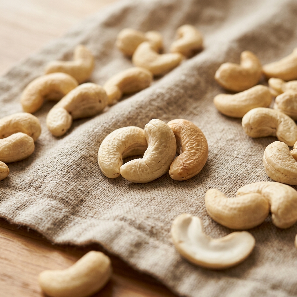Raw cashew nuts scattered on natural fabric