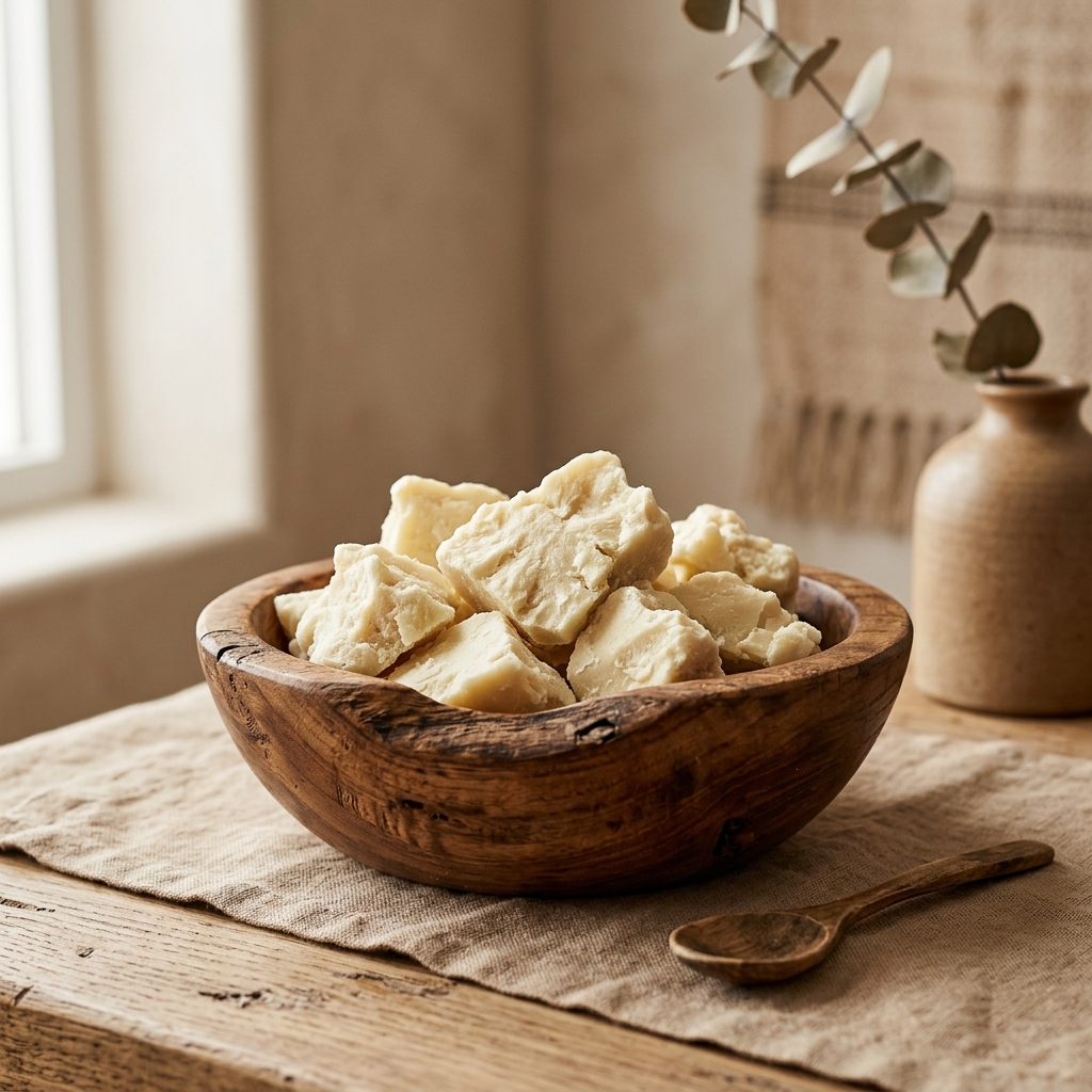 Natural raw organic shea butter chunks inside a traditional bowl